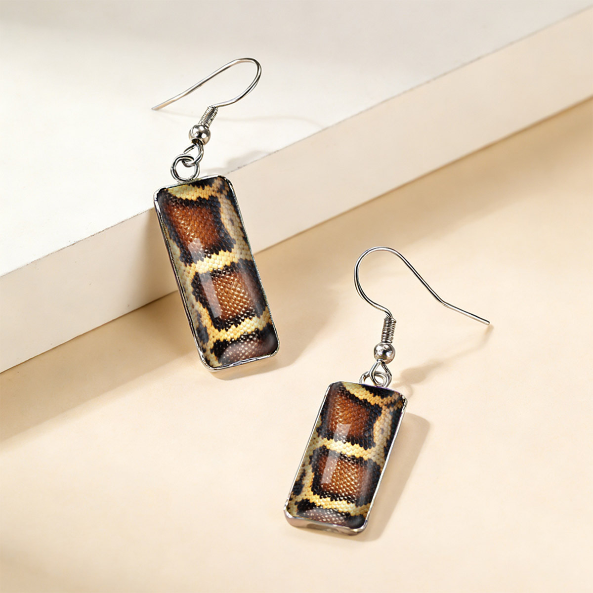 Earth-Toned Snake Skin Texture Rectangular Earrings